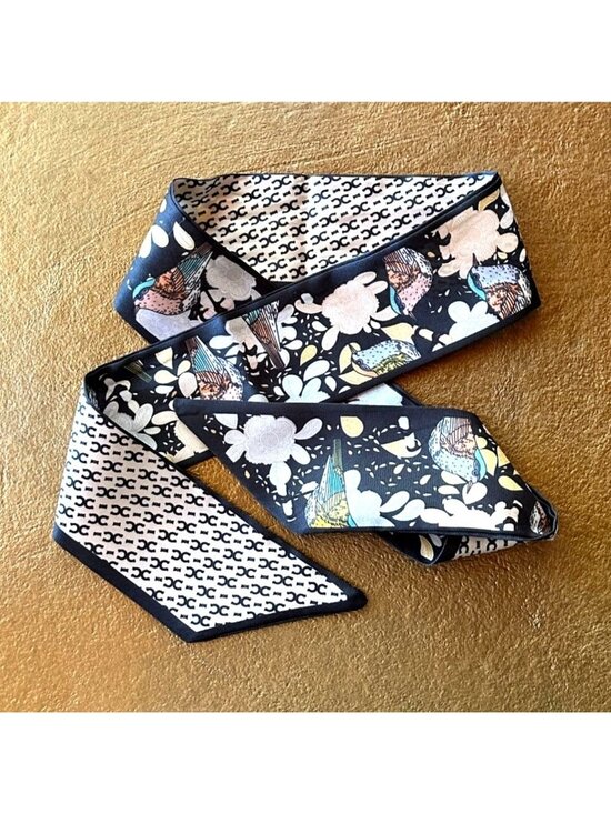 None Accessories - Twilly Scarf 36" X 2" Navy & Cream With Floral & Bird Design Reversible Pattern